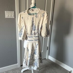 SHEIN Cream and Blue Floral Long Sleeve Dress